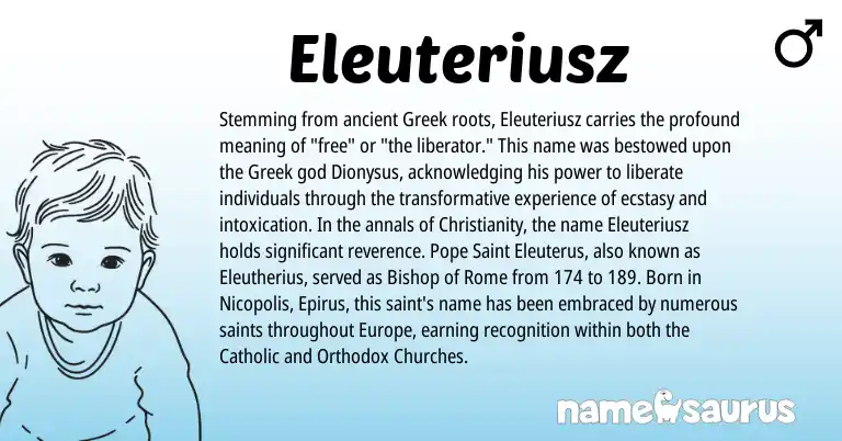 Infographic about Eleuteriusz name meaning, Eleuteriusz is a name from Christianity, Greek origin(s).