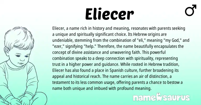 Infographic about Eliecer name meaning, Eliecer is a name from Hebrew origin(s).