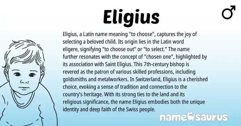Infographic about Eligius name meaning, Eligius is a name from Swiss, Latin origin(s).