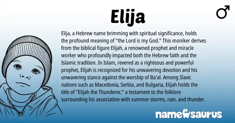 Infographic about Elija name meaning, Elija is a name from Slavic, Hebrew origin(s).