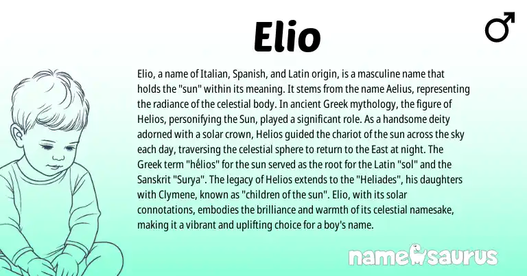 Infographic about Elio name meaning, Elio is a name from Spanish, Latin, Greek, Sanskrit, Italian origin(s).