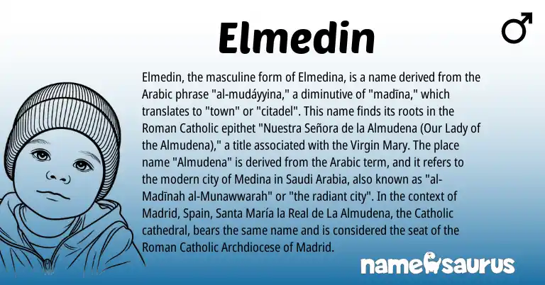 Infographic about Elmedin name meaning, Elmedin is a name from Roman, Arabic, Spain origin(s).