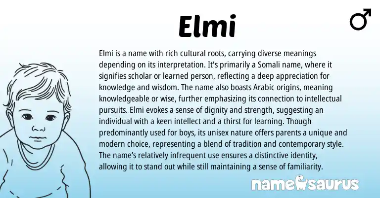 Infographic about Elmi name meaning, Elmi is a name from Somali, Arabic origin(s).