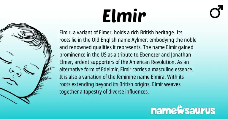 Infographic about Elmir name meaning, Elmir is a name from Old English, British, American origin(s).