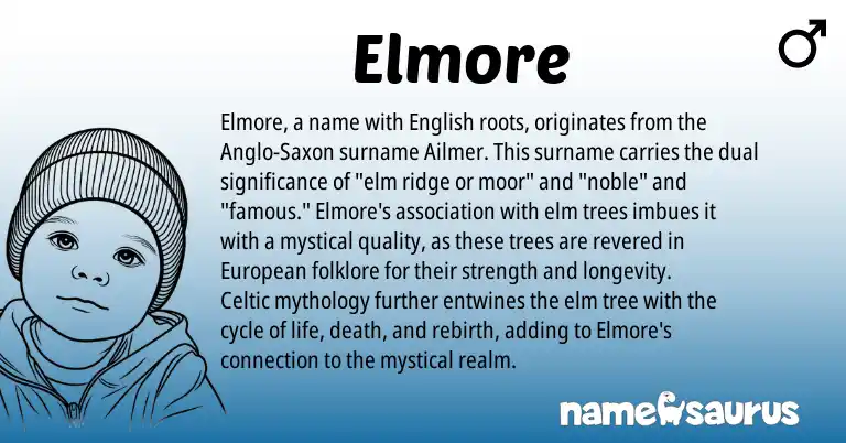 Infographic about Elmore name meaning, Elmore is a name from Celtic, English, European, Anglo-Saxon origin(s).