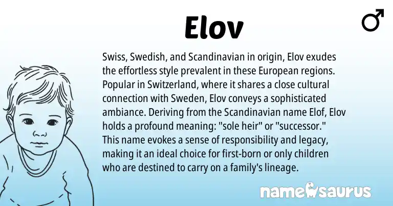 Infographic about Elov name meaning, Elov is a name from Scandinavian, Swiss, Swedish, European origin(s).
