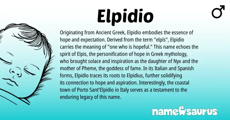 Infographic about Elpidio name meaning, Elpidio is a name from Spanish, Ancient Greek, Italian, Greek origin(s).