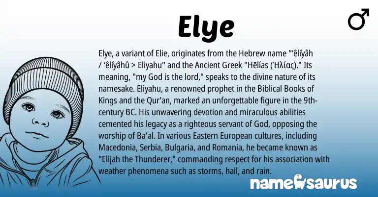 Infographic about Elye name meaning, Elye is a name from Eastern European, Ancient Greek, Hebrew origin(s).