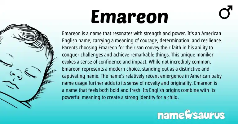 Infographic about Emareon name meaning, Emareon is a name from English origin(s).