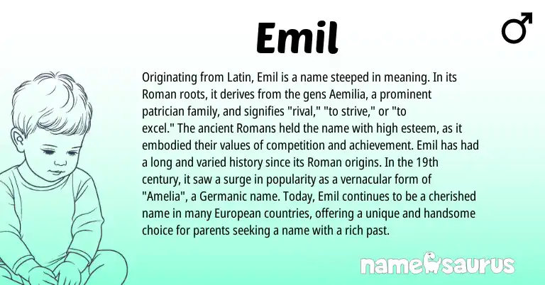 Infographic about Emil name meaning, Emil is a name from Roman, Germanic, Latin, European origin(s).