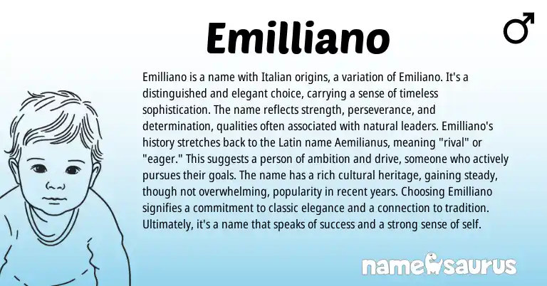 Infographic about Emilliano name meaning, Emilliano is a name from Italian origin(s).