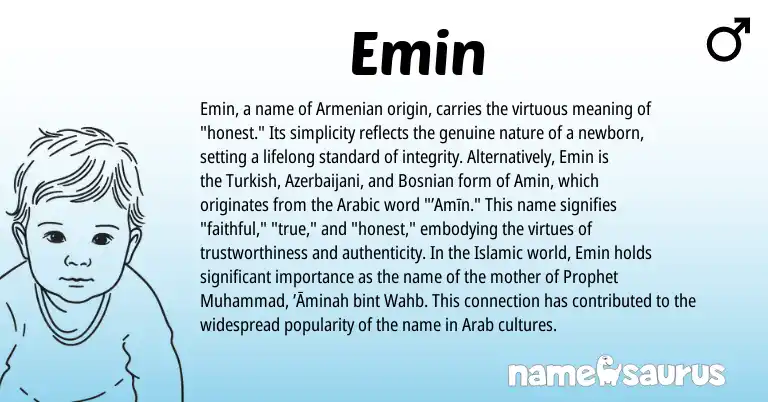 Infographic about Emin name meaning, Emin is a name from Armenian, Turkish, Bosnian, Arabic, Azerbaijani origin(s).