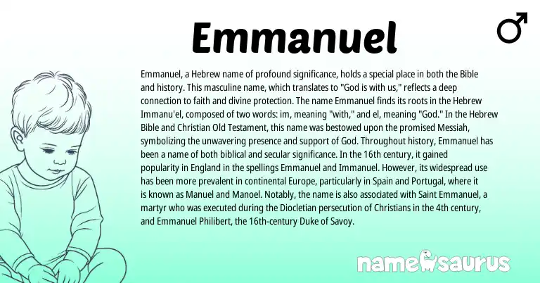 Infographic about Emmanuel name meaning, Emmanuel is a name from Spain, Portugal, Hebrew, England origin(s).