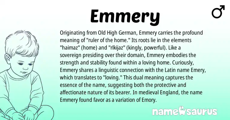 Infographic about Emmery name meaning, Emmery is a name from Old High German, Latin, England origin(s).