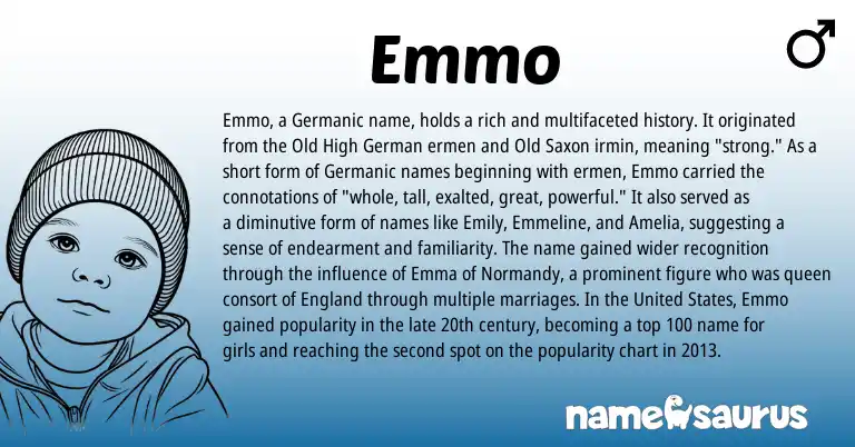 Infographic about Emmo name meaning, Emmo is a name from United States, Old High German, Old Saxon, England, Germanic origin(s).