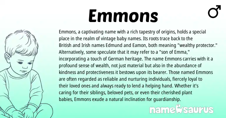 Infographic about Emmons name meaning, Emmons is a name from Irish, German, British origin(s).