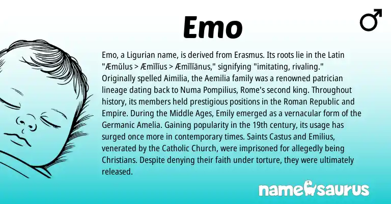 Infographic about Emo name meaning, Emo is a name from Roman, Germanic, Ligurian, Latin origin(s).
