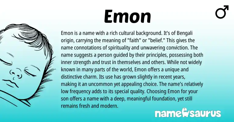 Infographic about Emon name meaning, Emon is a name from Persian, Bengali origin(s).