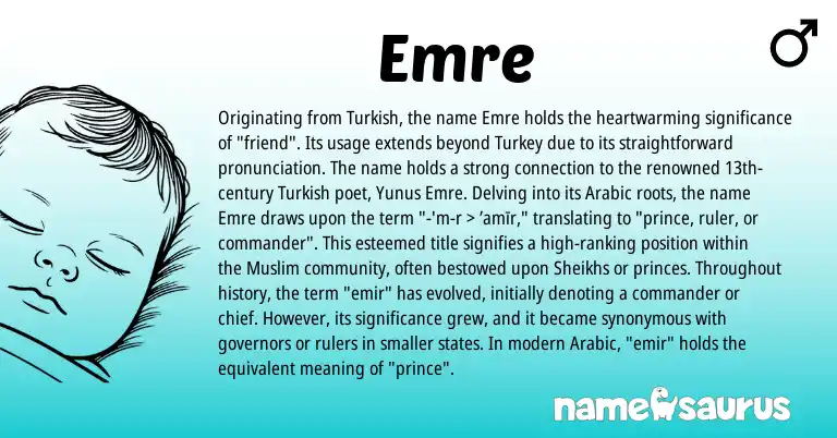 Infographic about Emre name meaning, Emre is a name from Arabic, Turkish, Muslim origin(s).
