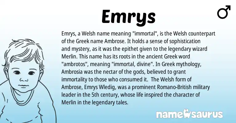 Infographic about Emrys name meaning, Emrys is a name from British, Welsh, Greek origin(s).