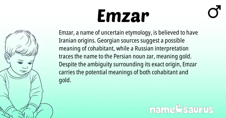 Infographic about Emzar name meaning, Emzar is a name from Iranian, Persian, Georgian, Russian origin(s).