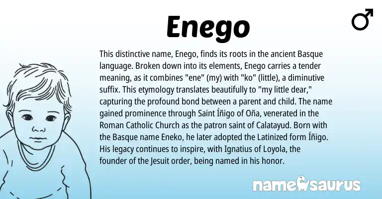 Infographic about Enego name meaning, Enego is a name from Basque, Roman origin(s).