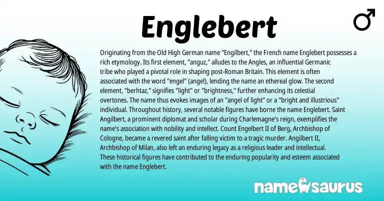 Infographic about Englebert name meaning, Englebert is a name from Old High German, French, Germanic, Roman origin(s).