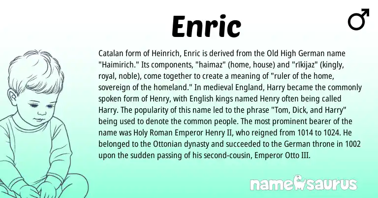 Infographic about Enric name meaning, Enric is a name from Old High German, English, Catalan, England, Roman, German origin(s).