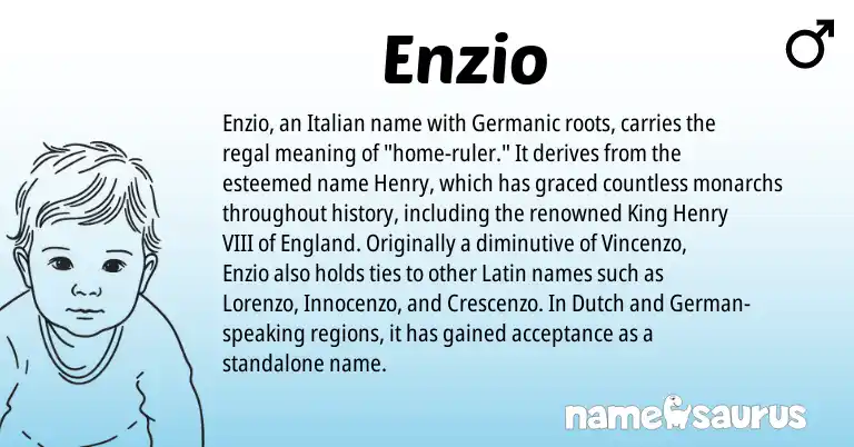 Infographic about Enzio name meaning, Enzio is a name from England, Germanic, Latin, German, Dutch, Italian origin(s).