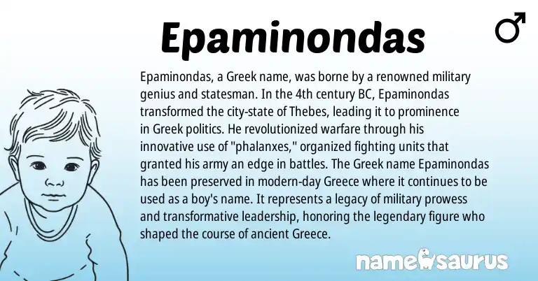 Infographic about Epaminondas name meaning, Epaminondas is a name from Greece, Greek origin(s).