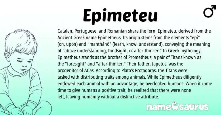 Infographic about Epimeteu name meaning, Epimeteu is a name from Ancient Greek, Catalan, Greek, Romanian, Portuguese origin(s).