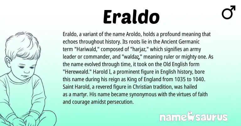 Infographic about Eraldo name meaning, Eraldo is a name from Old English, English, Ancient Germanic, England origin(s).