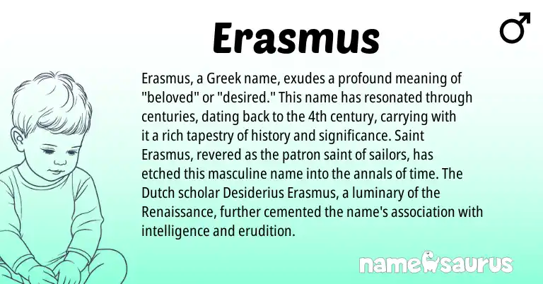 Infographic about Erasmus name meaning, Erasmus is a name from Dutch, Greek origin(s).