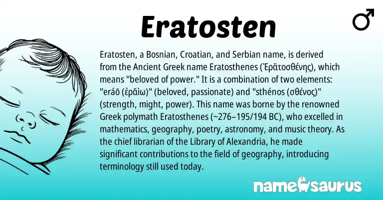 Infographic about Eratosten name meaning, Eratosten is a name from Ancient Greek, Croatian, Bosnian, Greek, Serbian origin(s).