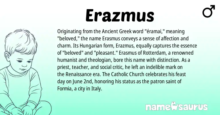 Infographic about Erazmus name meaning, Erazmus is a name from Ancient Greek, Hungarian origin(s).