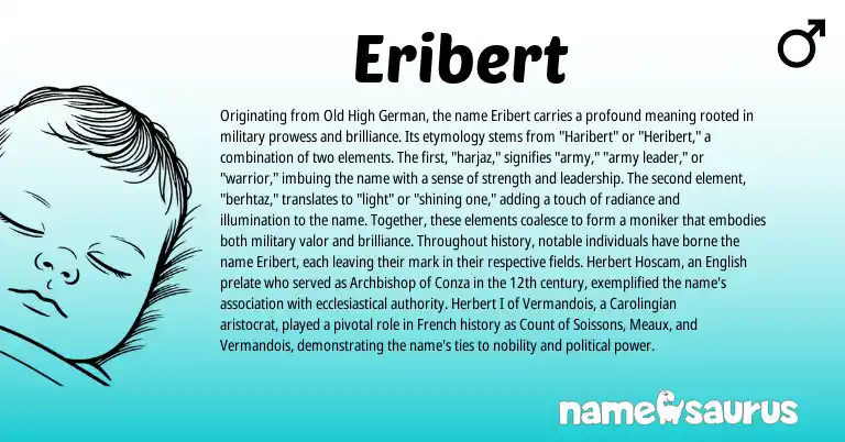 Infographic about Eribert name meaning, Eribert is a name from Old High German, English, French origin(s).