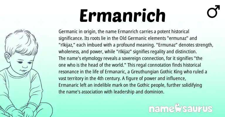 Infographic about Ermanrich name meaning, Ermanrich is a name from Old Germanic, Germanic, Gothic origin(s).