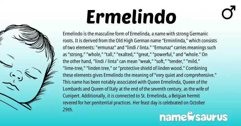 Infographic about Ermelindo name meaning, Ermelindo is a name from Old High German, Germanic, Belgian origin(s).