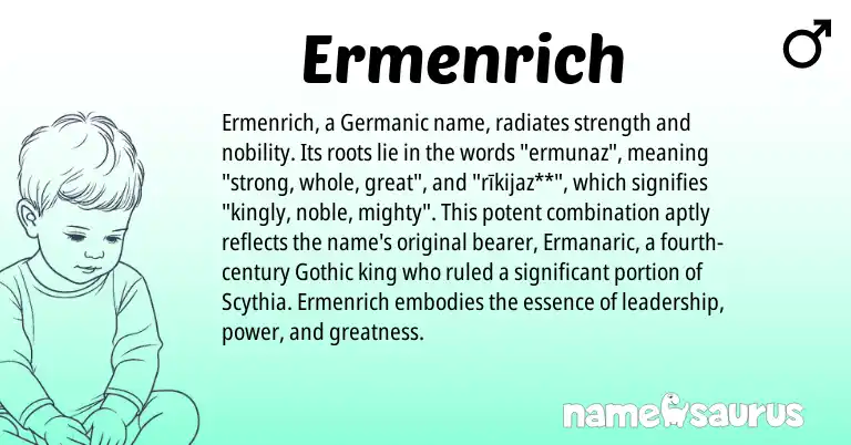 Infographic about Ermenrich name meaning, Ermenrich is a name from Germanic, Gothic origin(s).