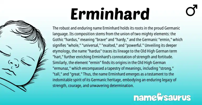 Infographic about Erminhard name meaning, Erminhard is a name from Old High German, Germanic, Gothic origin(s).