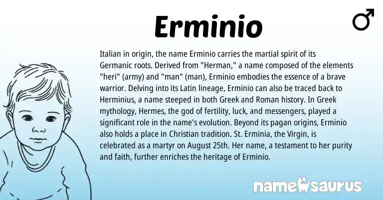 Infographic about Erminio name meaning, Erminio is a name from Roman, Germanic, Latin, Greek, Italian origin(s).