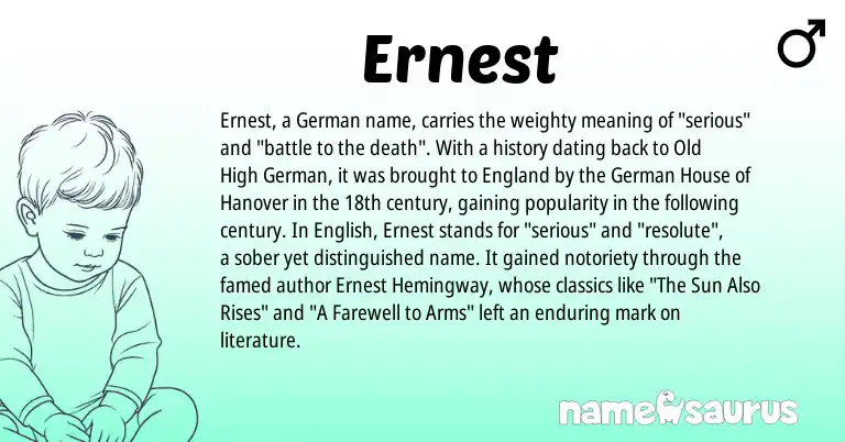 Infographic about Ernest name meaning, Ernest is a name from Old High German, German, English, England origin(s).