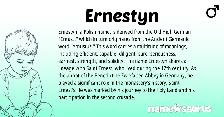Infographic about Ernestyn name meaning, Ernestyn is a name from Old High German, Polish, Ancient Germanic origin(s).