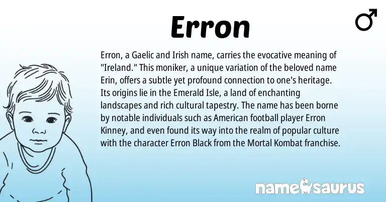 Infographic about Erron name meaning, Erron is a name from Irish, Gaelic, American, Ireland origin(s).
