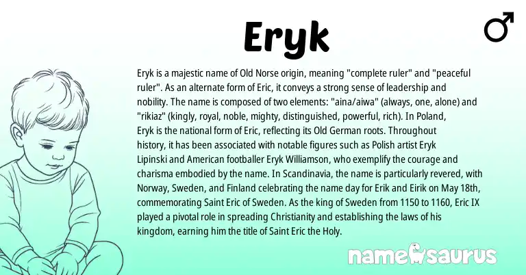 Infographic about Eryk name meaning, Eryk is a name from Old Norse, Polish, Christianity, Norway, Old German, American origin(s).