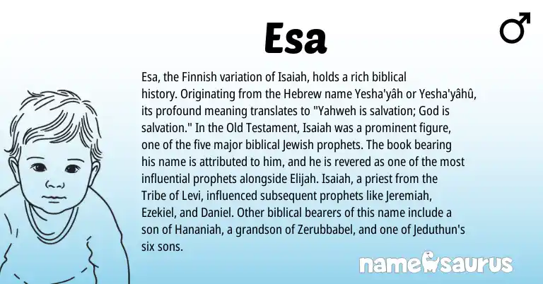 Infographic about Esa name meaning, Esa is a name from Jewish, Finnish, Hebrew origin(s).