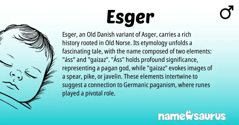 Infographic about Esger name meaning, Esger is a name from Old Norse, Germanic, Old Danish origin(s).