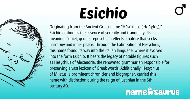 Infographic about Esichio name meaning, Esichio is a name from Ancient Greek, Greek, Italian origin(s).