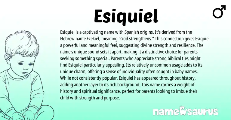 Infographic about Esiquiel name meaning, Esiquiel is a name from Basque, Hebrew, Spanish origin(s).