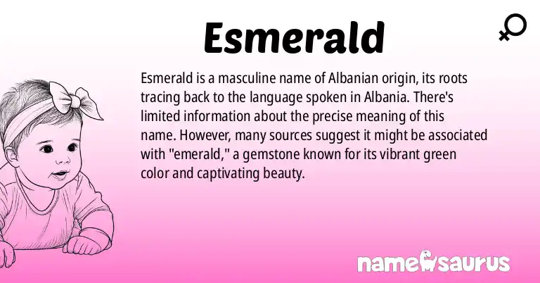 Infographic about Esmerald name meaning, Esmerald is a name from Albanian origin(s).